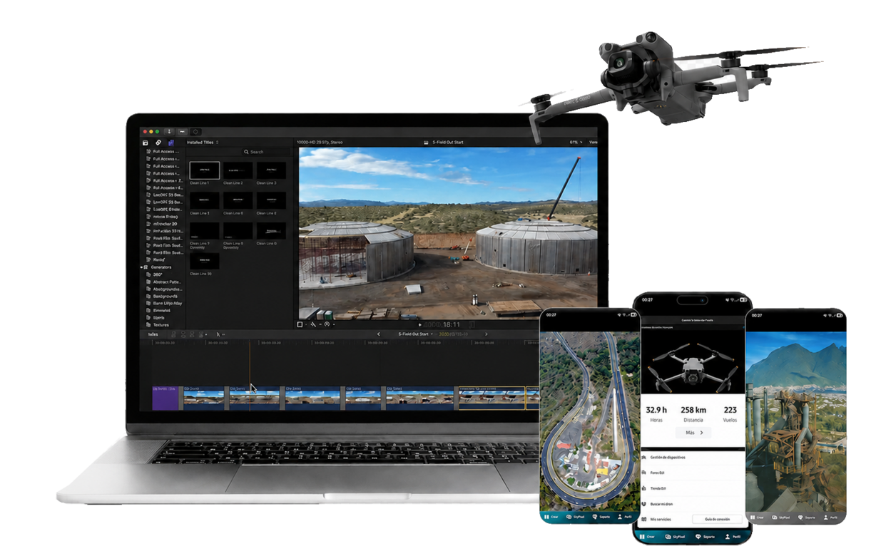 Laptop de edición, teléfonos con tomas aéreas y dron como muestra de producción multimedia