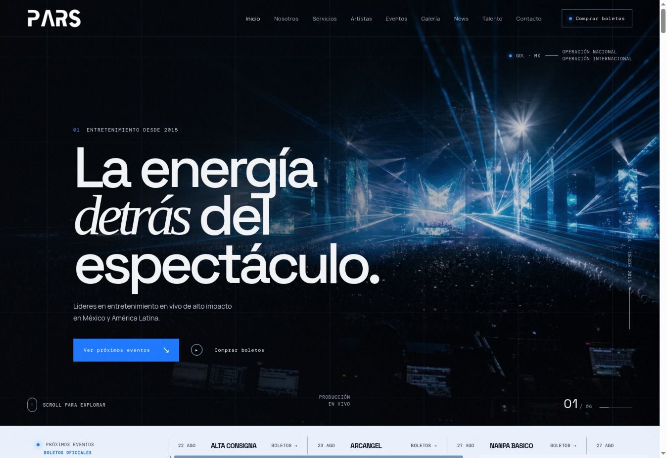 Vista del sitio web de PARS Productions