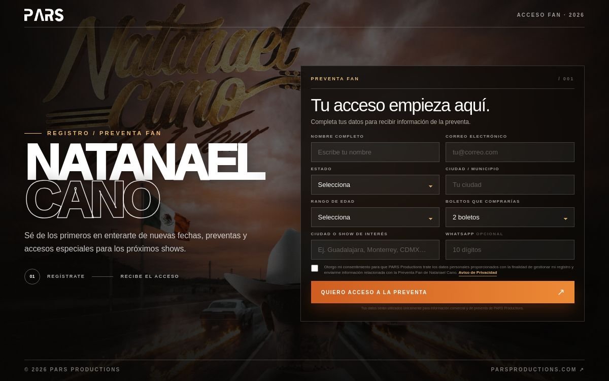 Vista del sitio web de Registro Natanael